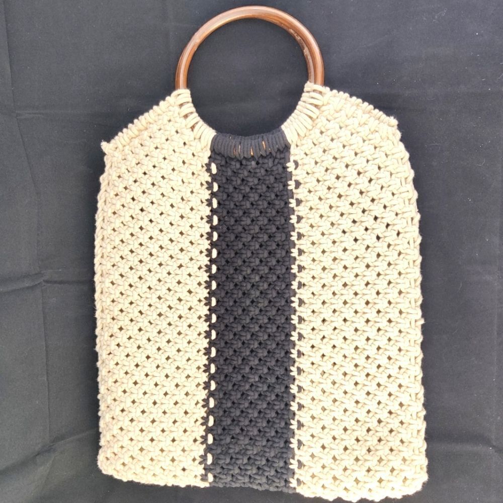 Woven cotton Cord Satchel Tote w/ Round Wood Handles in Black & White / Cream